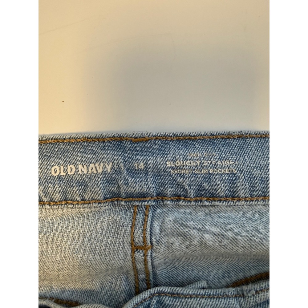 Old Navy High Rise Slouchy Straight Jeans Light Wash Raw Hem Size 14 Button Fly - Picture 3 of 7